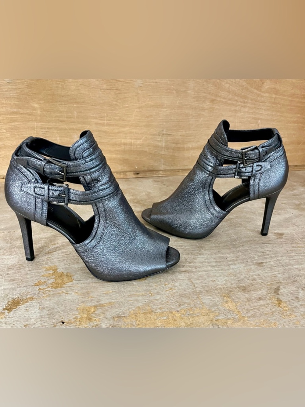 Michael Kors, Metallic Leather Blaze Open Toe Bootie in Grey Anthracite, Size 11